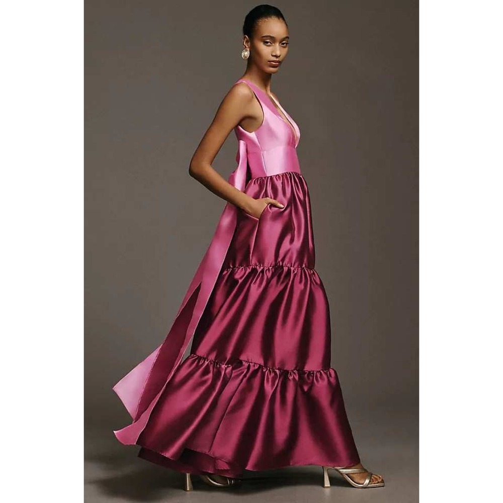 Anthropologie Hutch Pink Colorblock Satin Tiered Maxi Dress Back Bow